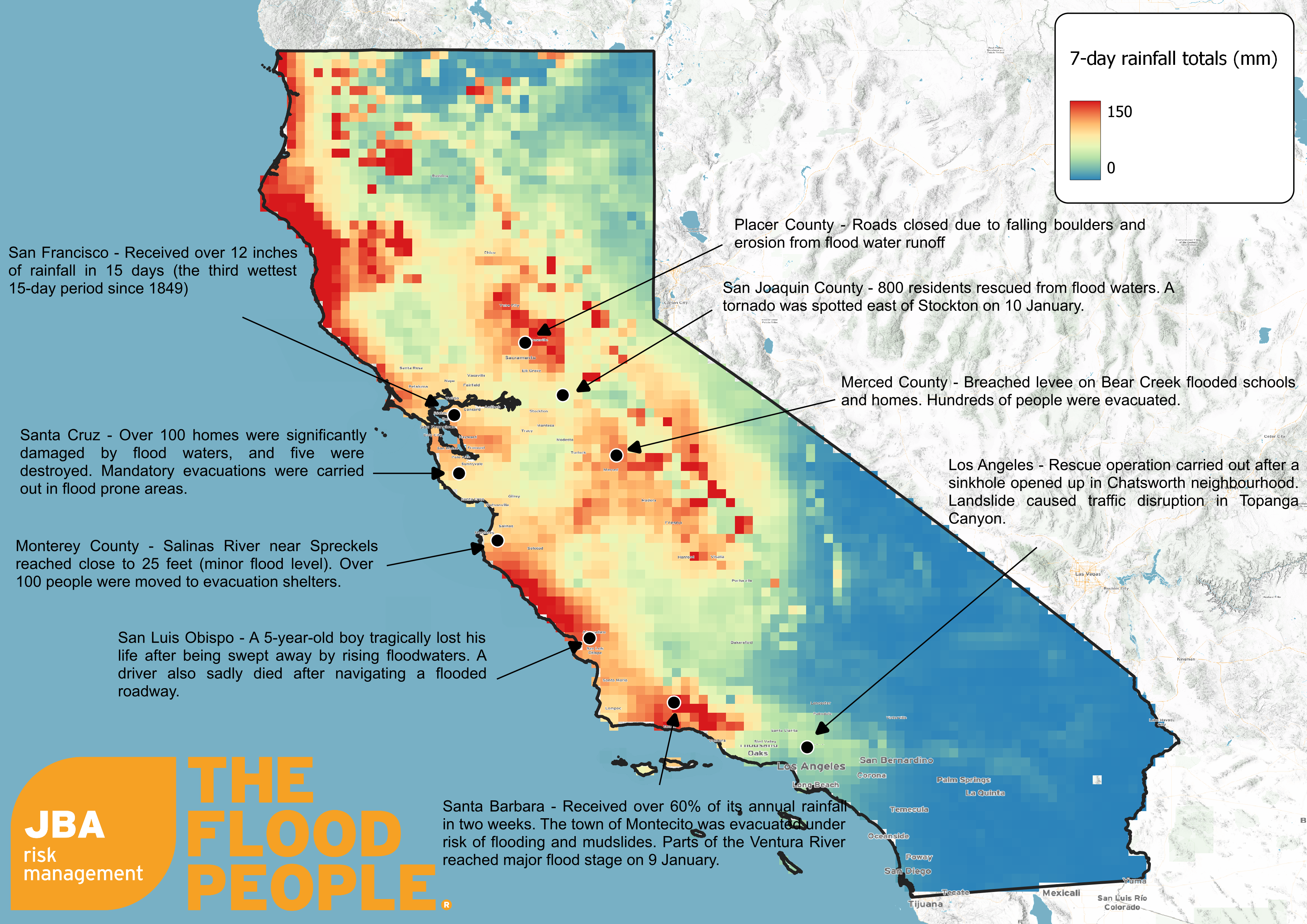 California map with rainfall totals
