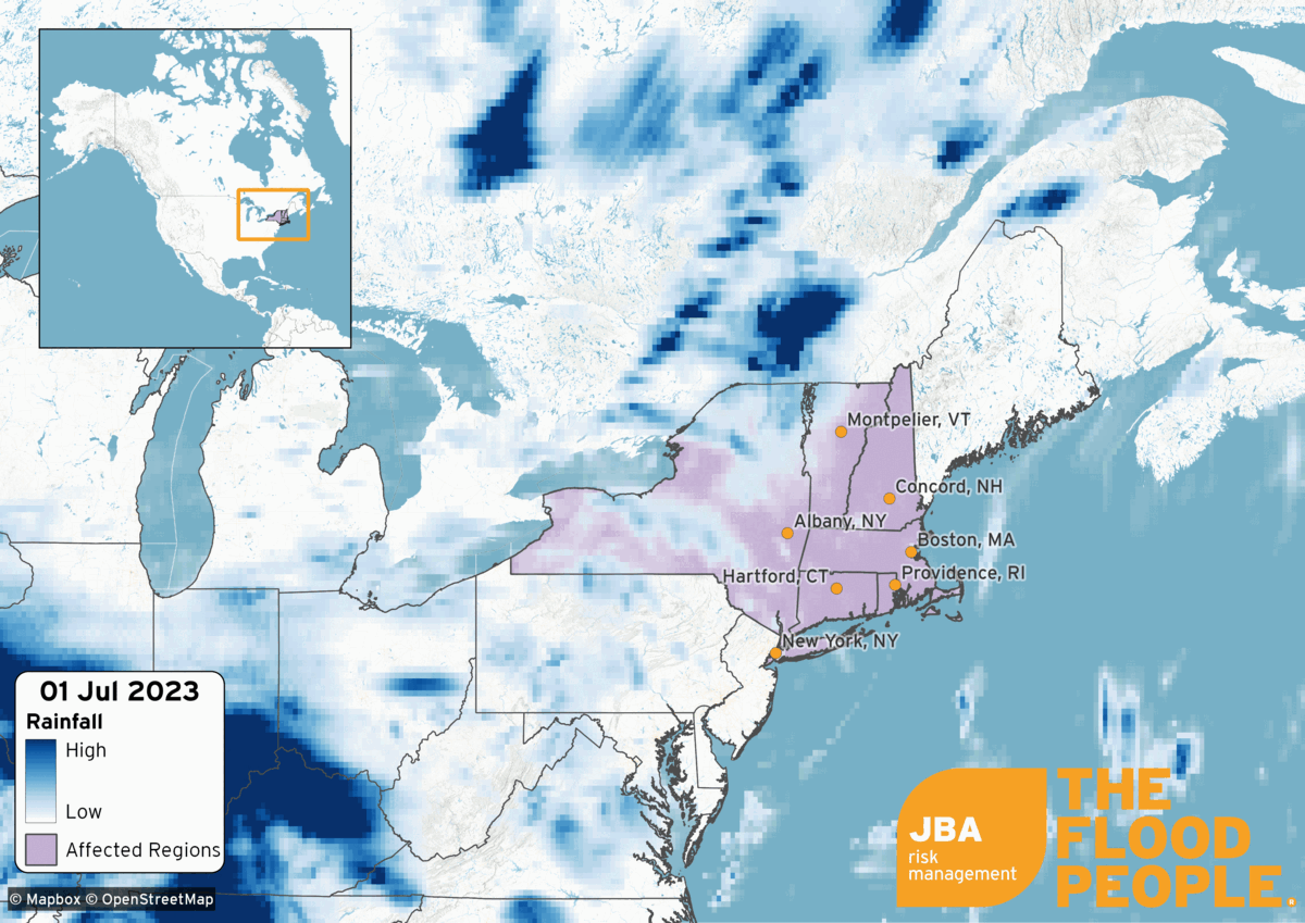 Map of the rainfall timeline in the north-east US