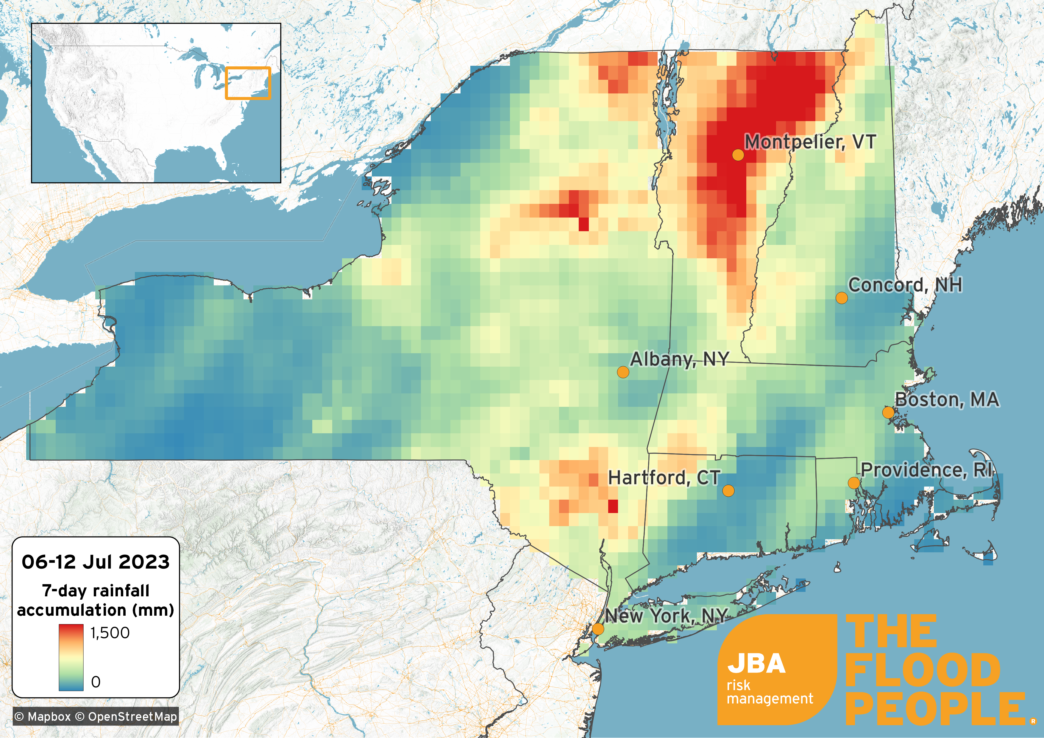 Map of the rainfall accumulation in the north-east US