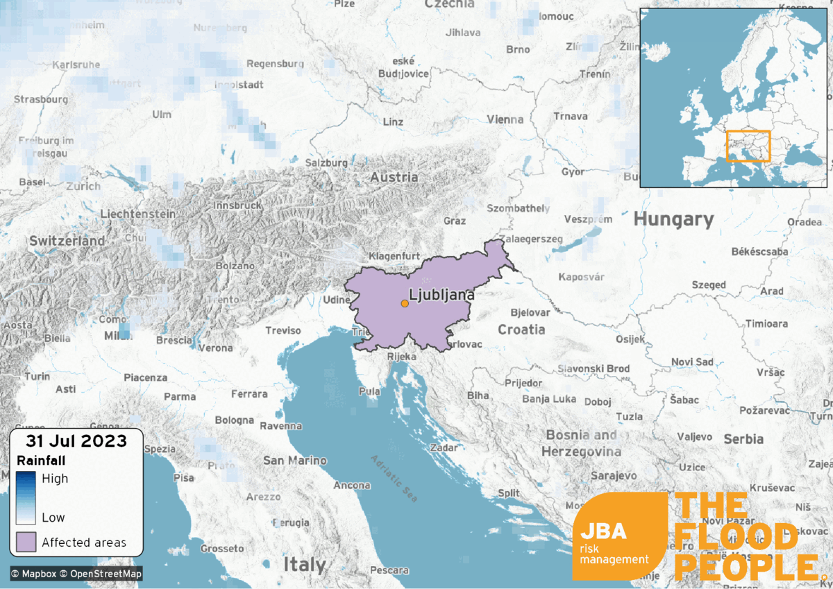 Map of Slovenia with affected areas