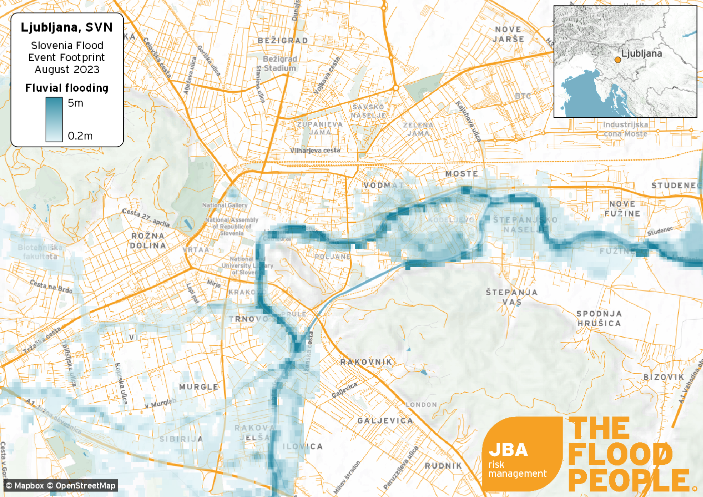 Map of Ljubljana with affected areas