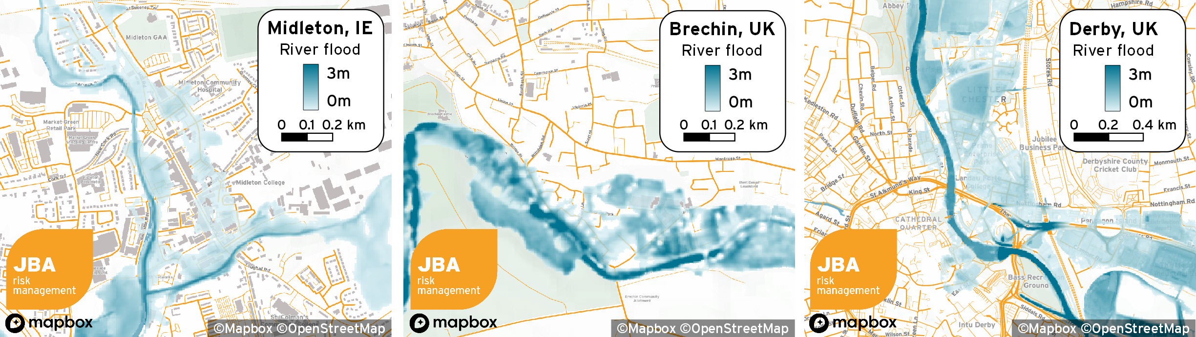 Flood maps for Midleton, Brechin, and Derby