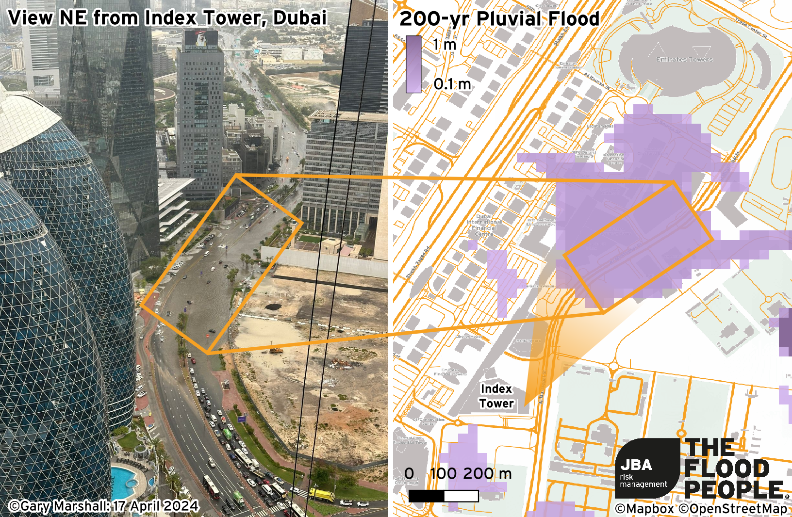 A view of flooding from Index tower in Dubai