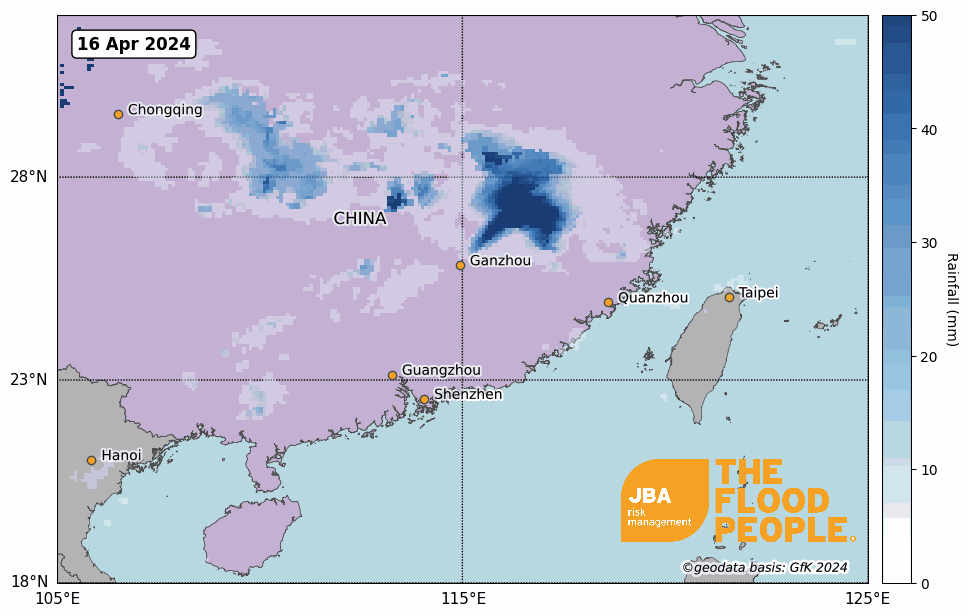 Map of Guangdong showcasing the amount of rainfall