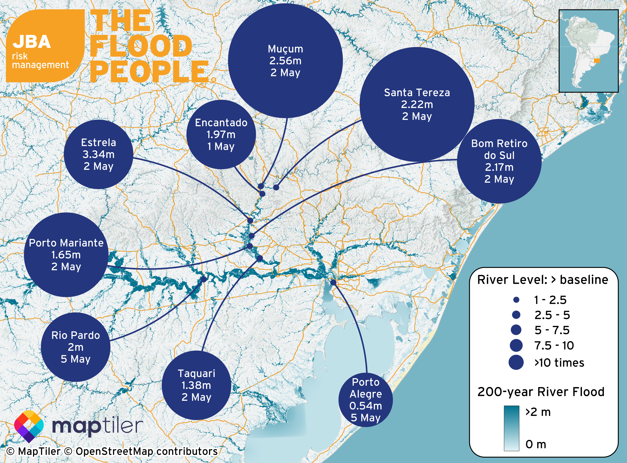 A map with river level data in Rio Grande do Sul